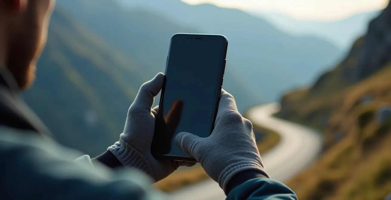 Motorradfahrer nutzt Smartphone für Pannenmeldung an abgelegener Bergpassstraße