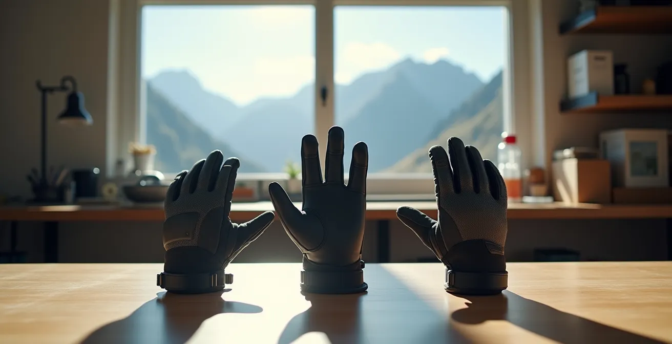 Drei verschiedene Motorradhandschuh-Typen nebeneinander für unterschiedliche Einsatzzwecke