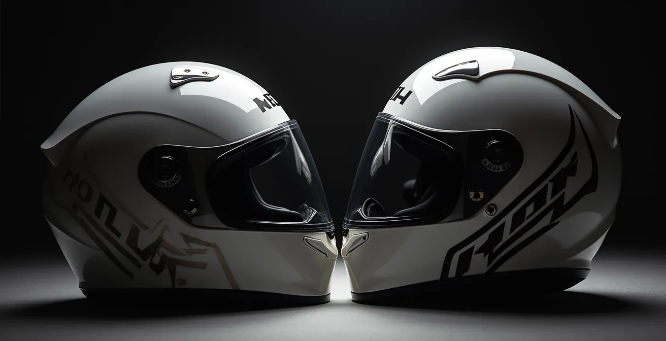 Symbolischer Vergleich zwischen einem alten ECE 22.05 Helm und einem neuen ECE 22.06 Helm, der den technologischen Fortschritt im Schutz darstellt.