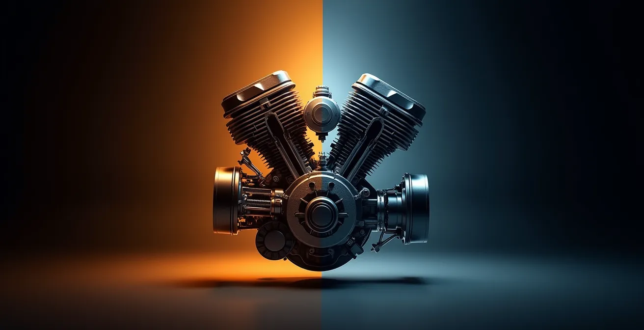 Seitliche Ansicht zweier verschiedener Motorkonzepte nebeneinander