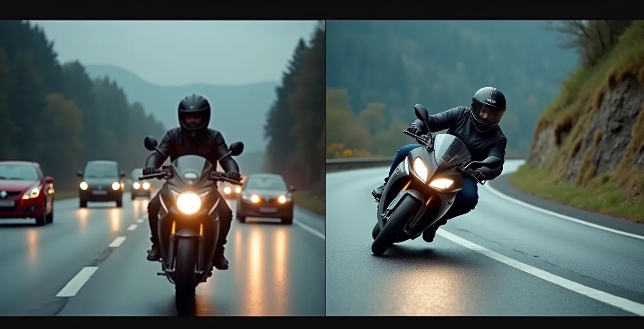 Geteilte Darstellung: Links ein Motorrad mit Notbrems-Assistent auf einer Autobahn, rechts ein Motorrad mit Kurven-ABS auf einem Alpenpass.
