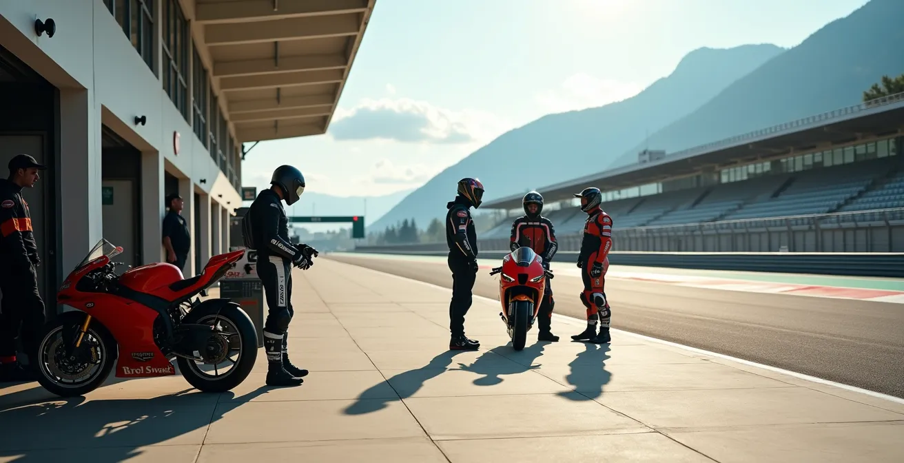 Entspannte Paddock-Szene mit Motorradfahrern verschiedener Erfahrungsstufen