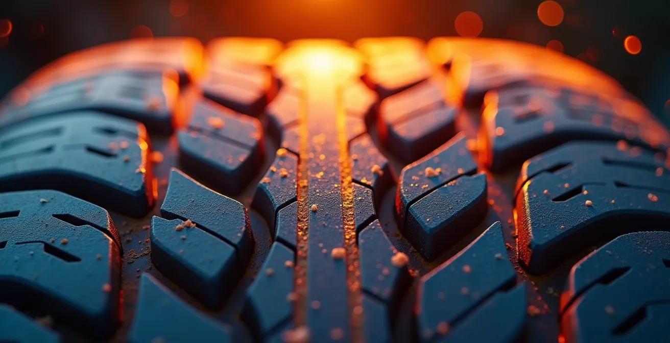 Makroaufnahme eines Motorradreifens mit sichtbarer Oberflächenstruktur und Temperatureffekt