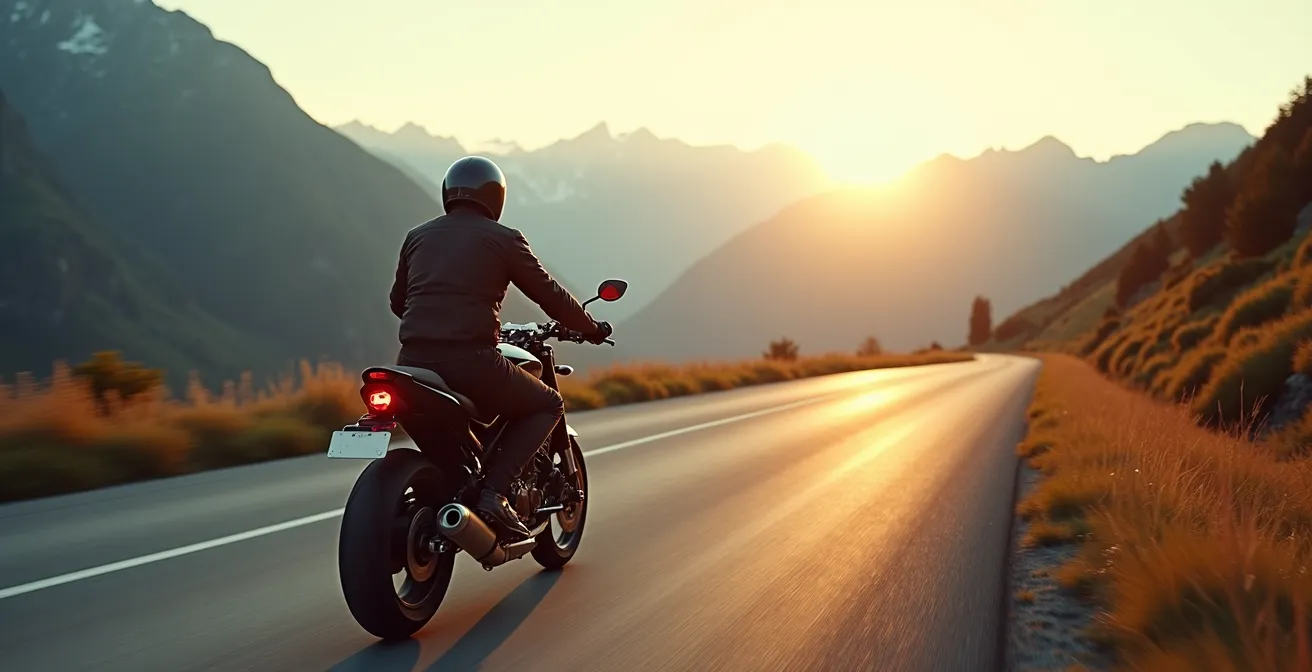 Roadster-Motorrad in minimalistischer Umgebung der Schweizer Berglandschaft