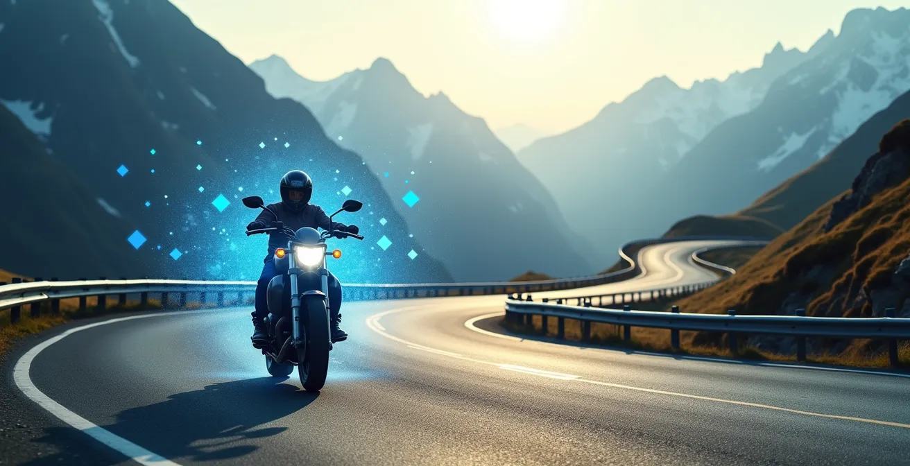 Motorradfahrer auf Schweizer Alpenpass mit symbolischer Sicherheitsaura