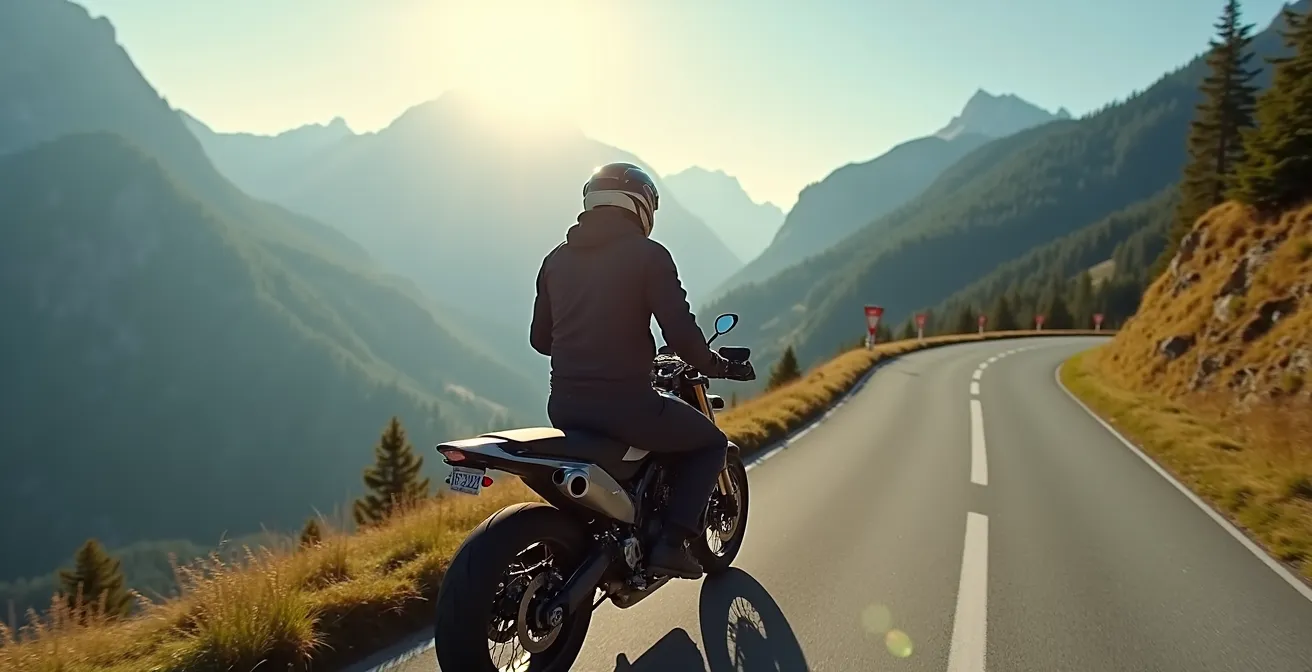Motorradfahrer in voller Schutzausrüstung auf einem Schweizer Alpenpass, der die Notwendigkeit von Klasse AA oder AAA verdeutlicht.