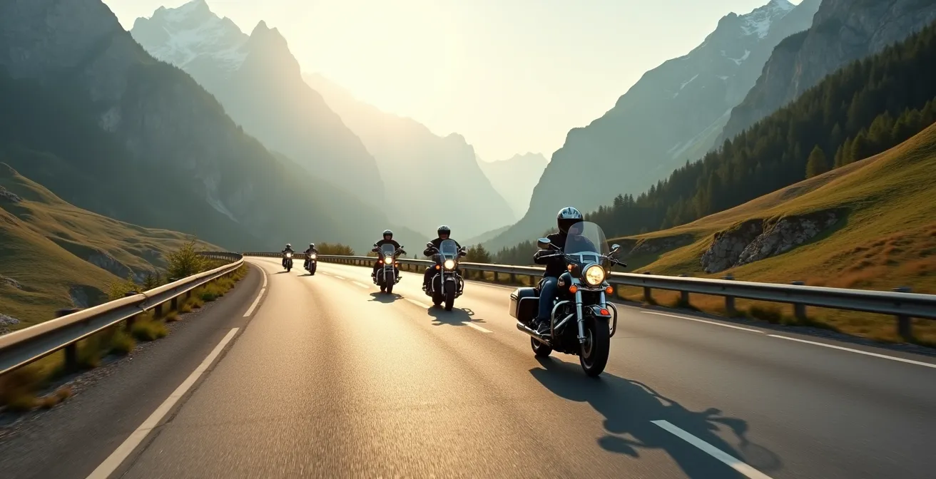 Gruppe von Schweizer Motorradfahrern mit CH-Kennzeichen auf der Autobahn