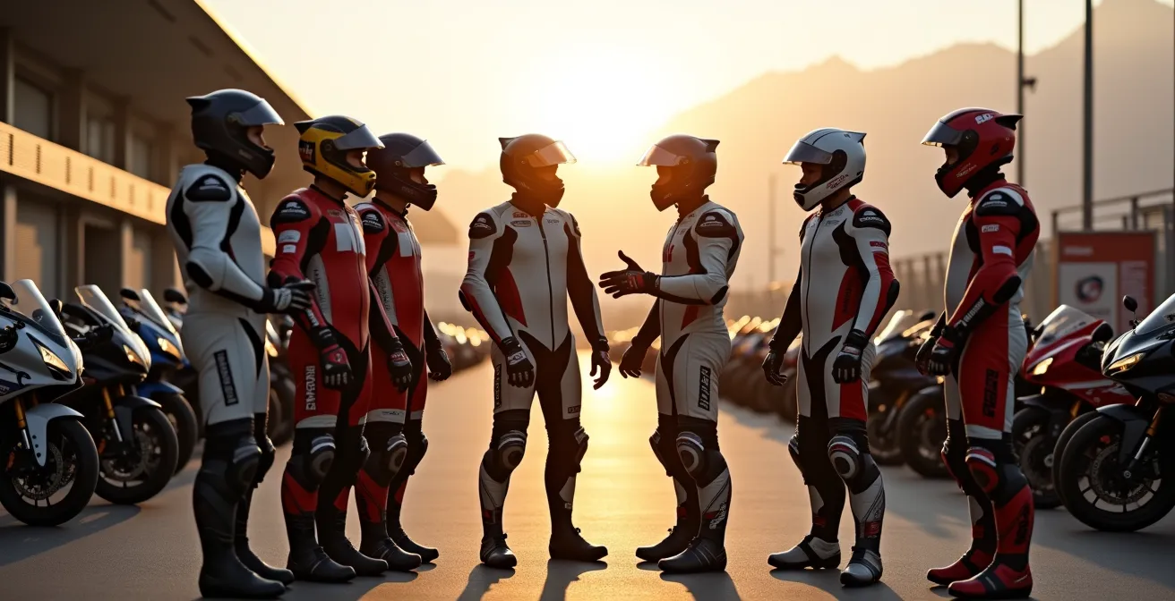 Gruppe von Motorradfahrern verschiedener Fahrzeugtypen im Fahrerlager