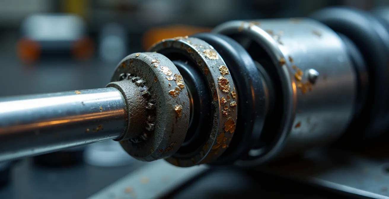 Detailaufnahme eines verschlissenen Motorrad-Federbeins mit sichtbaren Ölspuren