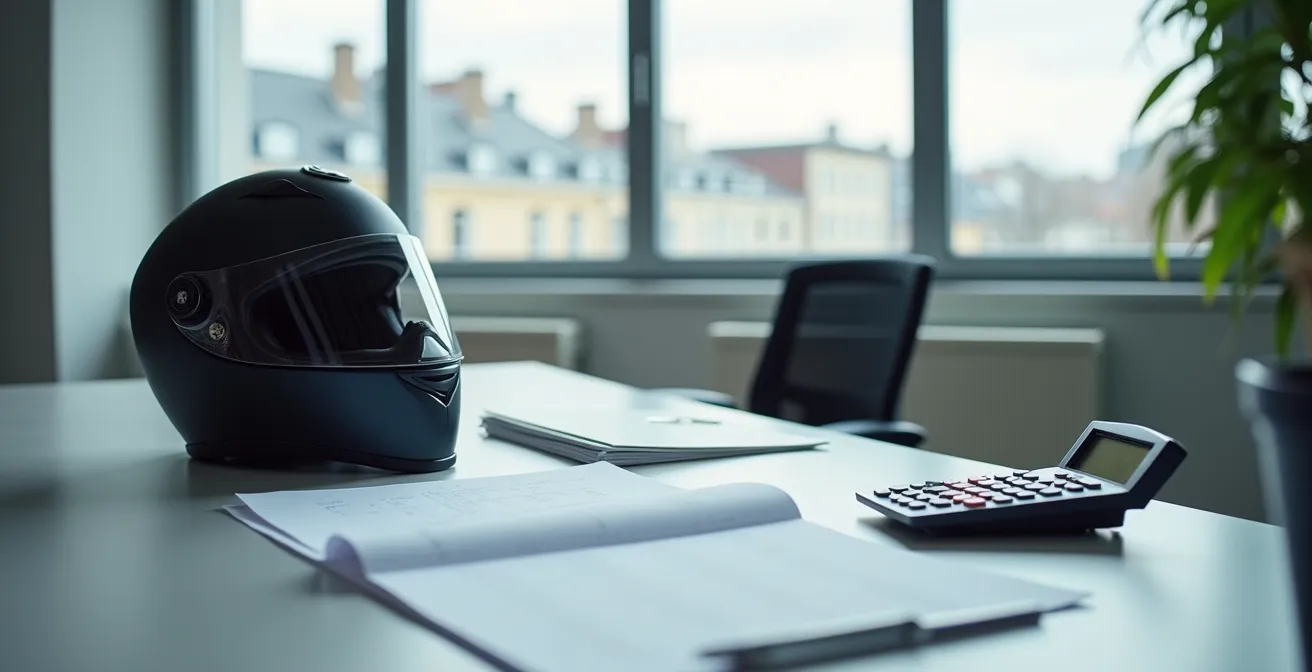 Weitwinkelaufnahme eines modernen Büroraums mit Motorradhelm und Dokumenten