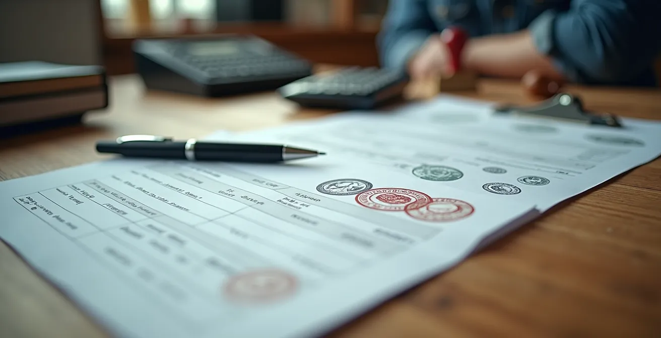 Detailaufnahme von Werkstattdokumenten und Serviceheft mit Stempel
